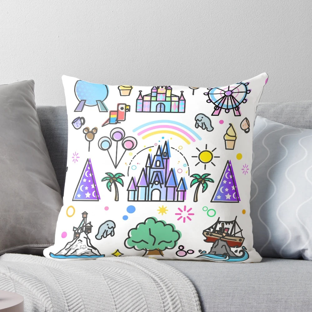 Colorful and whimsical Happiest Place on Earth Collection pillow featuring iconic Disney attractions like It's a Small World, Haunted Mansion, and Princess Castle.