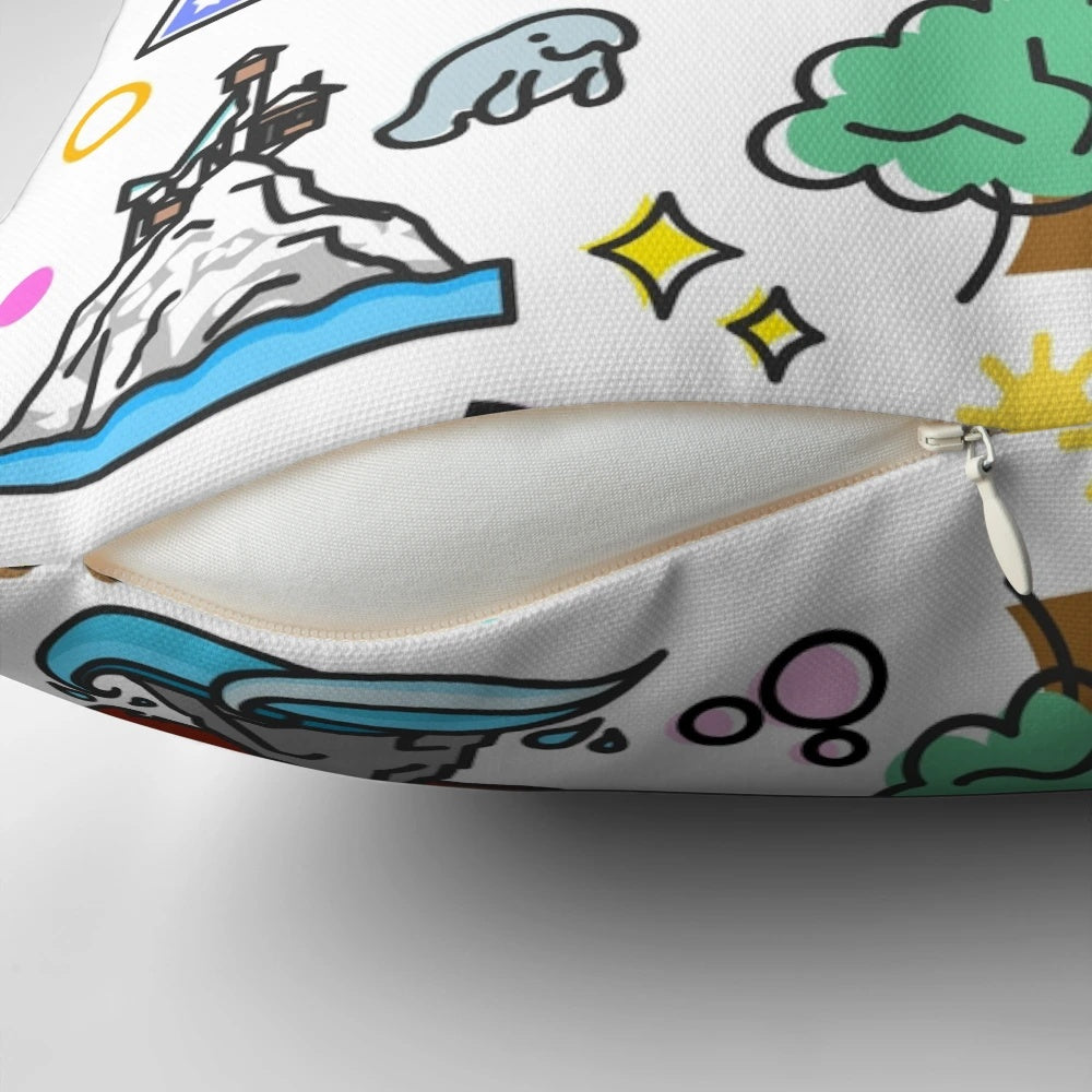 Colorful and whimsical Happiest Place on Earth Collection pillow featuring iconic Disney attractions like It's a Small World, Haunted Mansion, and Princess Castle.