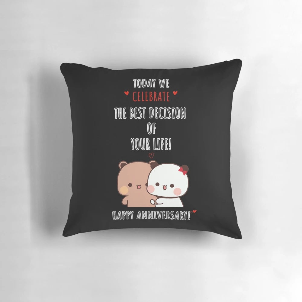 Cute pillow featuring Dudu Bear and Bubu Panda couple celebrating their anniversary