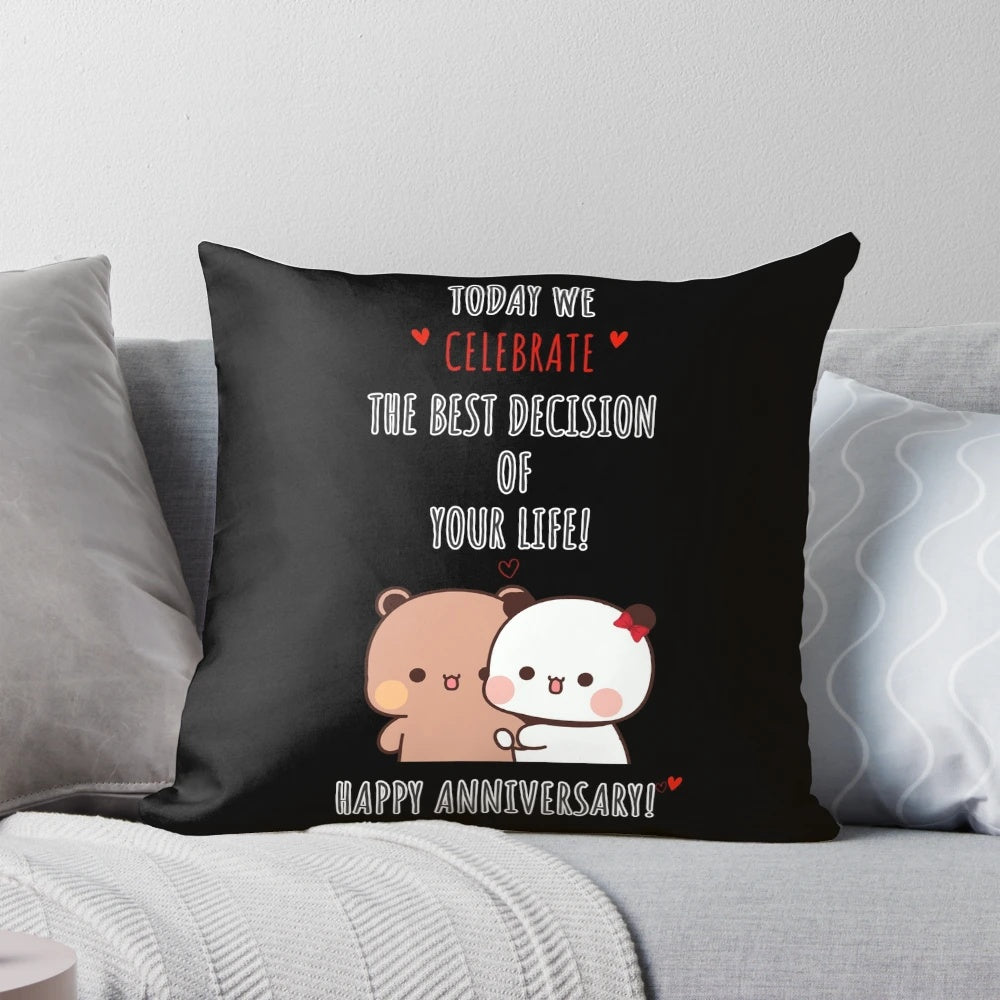 Cute pillow featuring Dudu Bear and Bubu Panda couple celebrating their anniversary