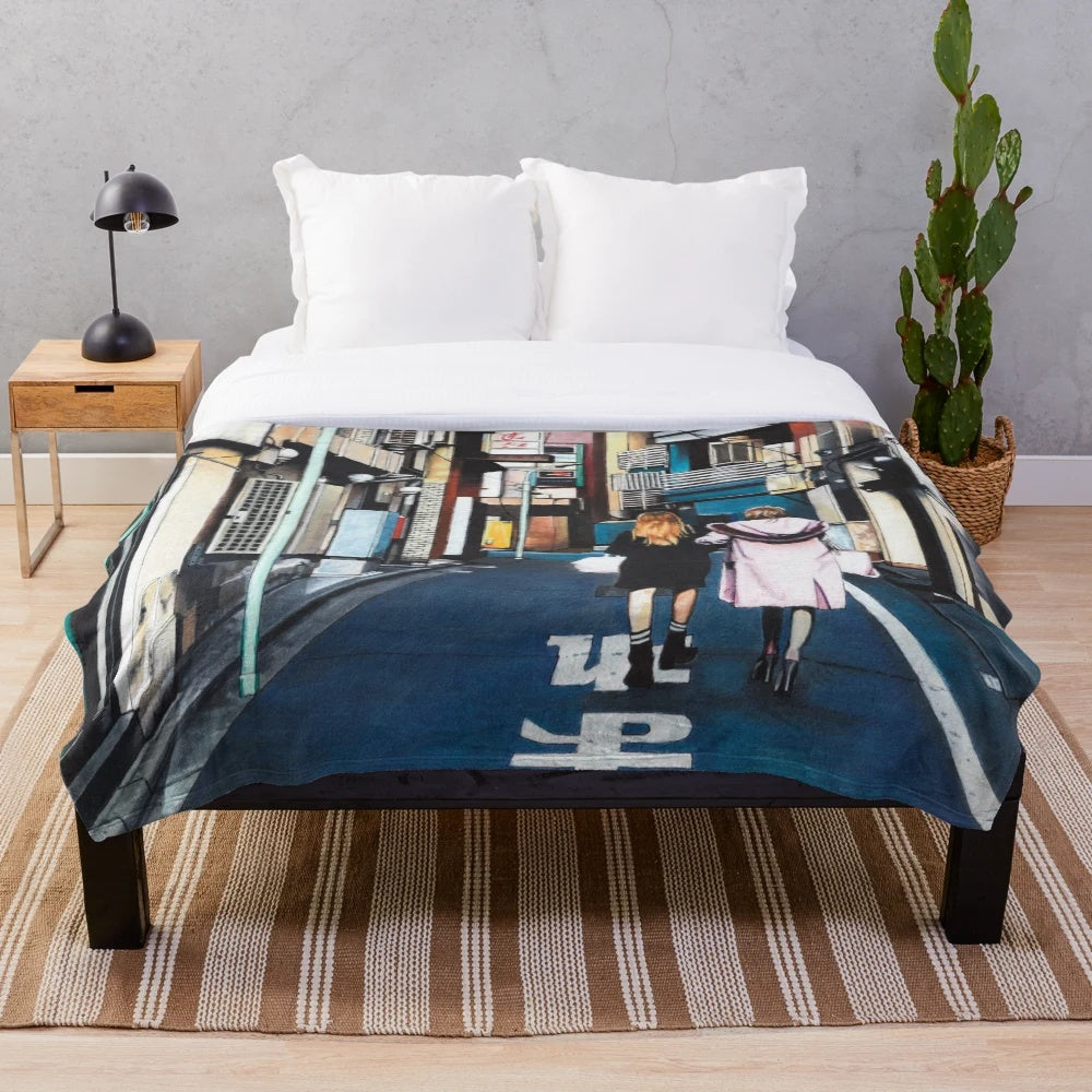 Harajuku-inspired plush blanket featuring a vibrant streetscape design