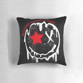 A black and red grunge-style pillow with a smiley face design, perfect for gamers and decision-makers.