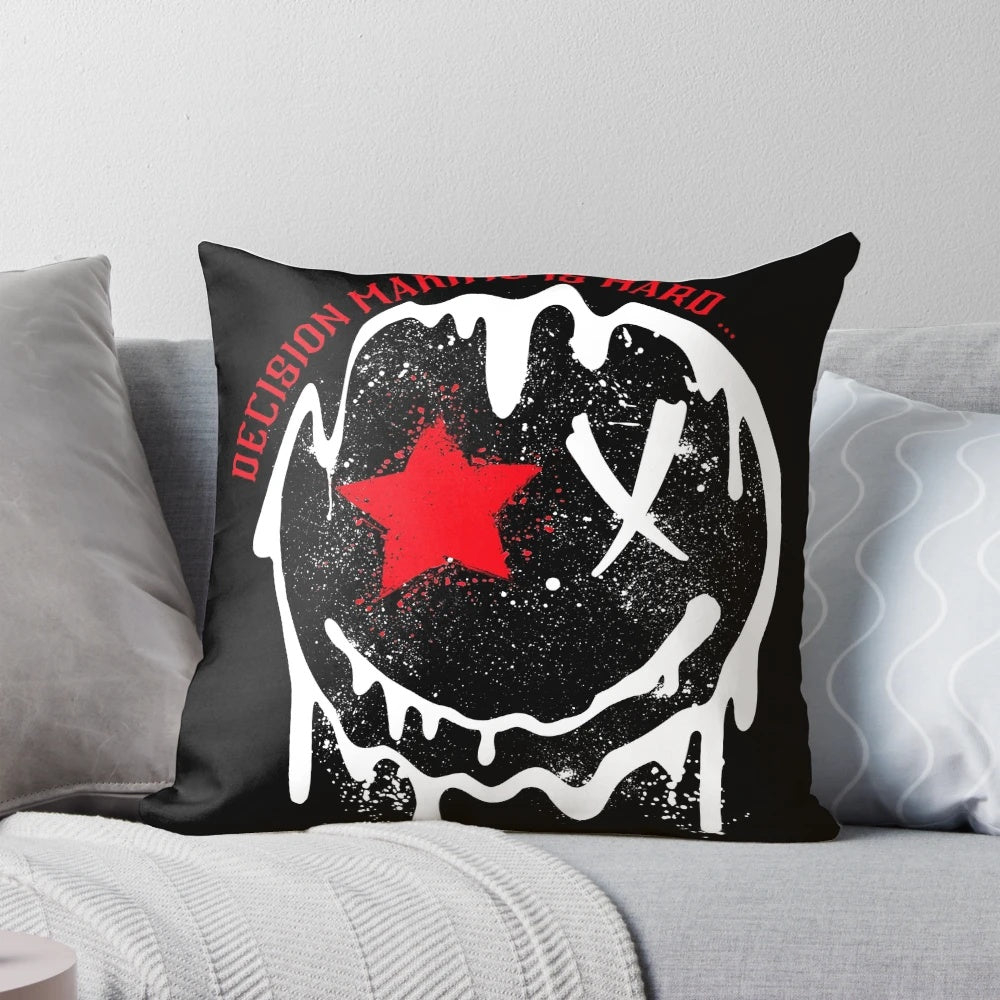 A black and red grunge-style pillow with a smiley face design, perfect for gamers and decision-makers.