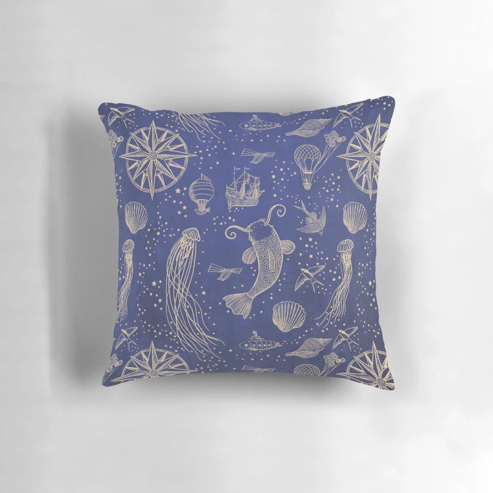 A hardcase pillow featuring a surreal illustration of a blue whale swimming through the sky, with ships and the ocean in the background.