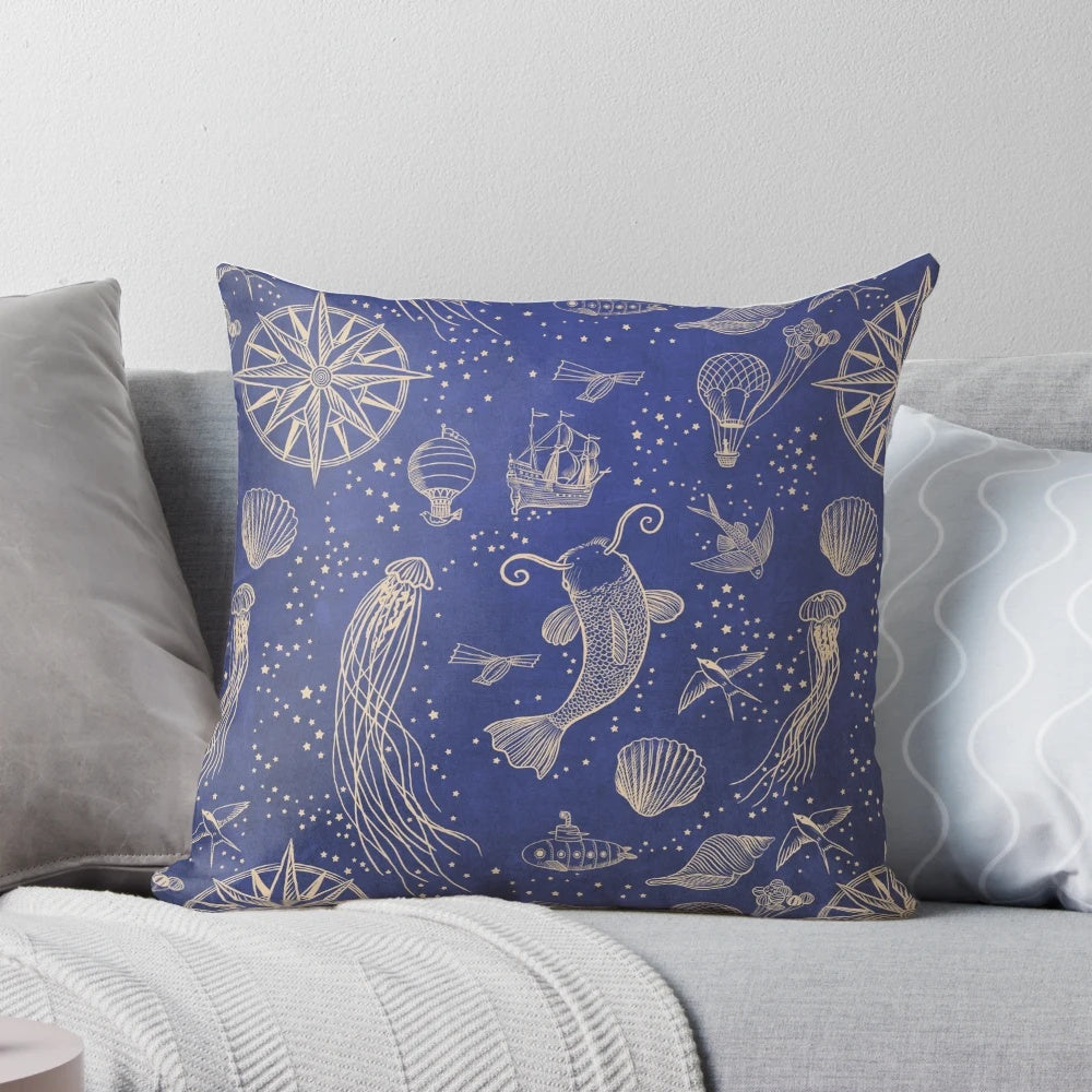 A hardcase pillow featuring a surreal illustration of a blue whale swimming through the sky, with ships and the ocean in the background.
