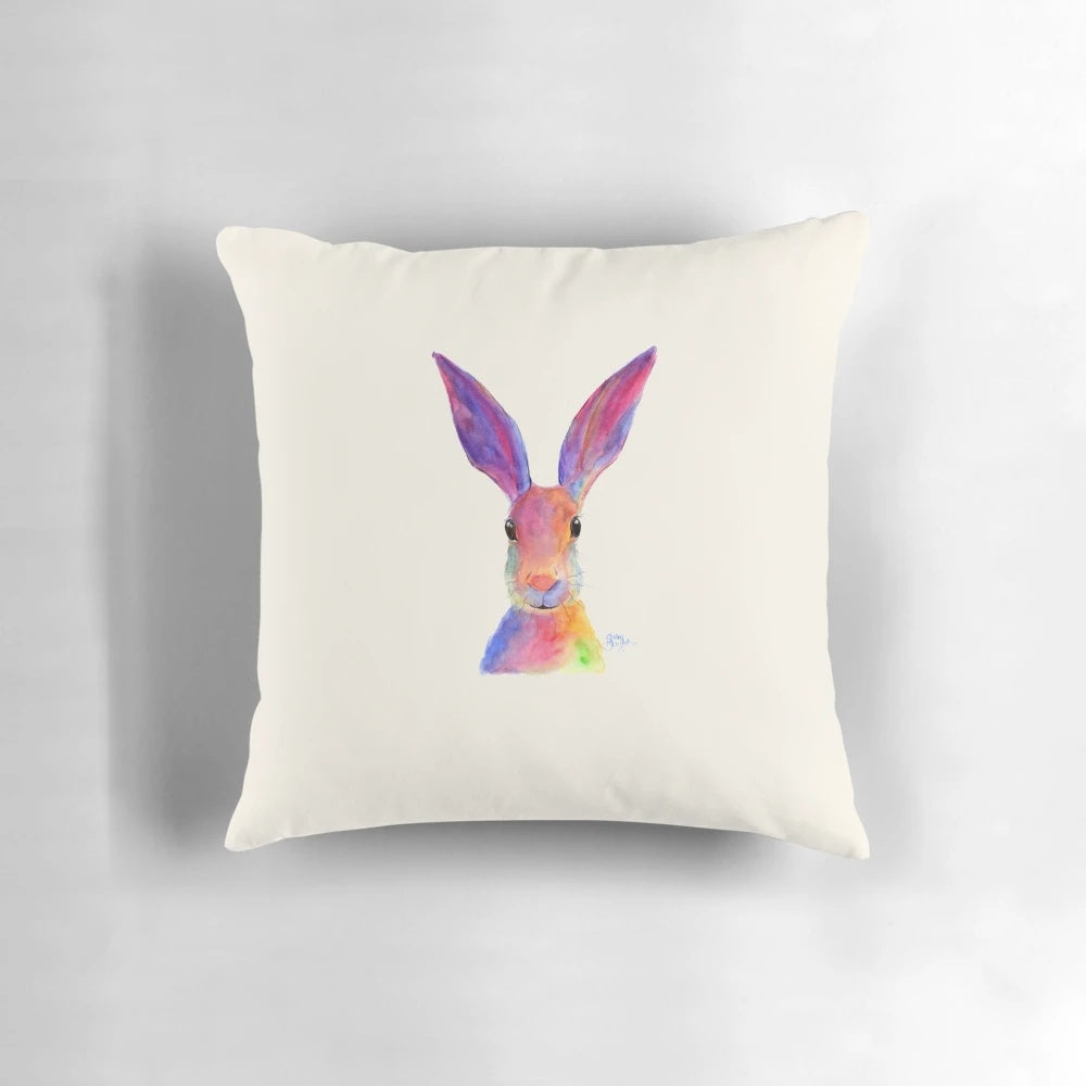 Hare Rabbit 'Jelly Bean' Decorative Throw Pillow featuring a watercolor animal design