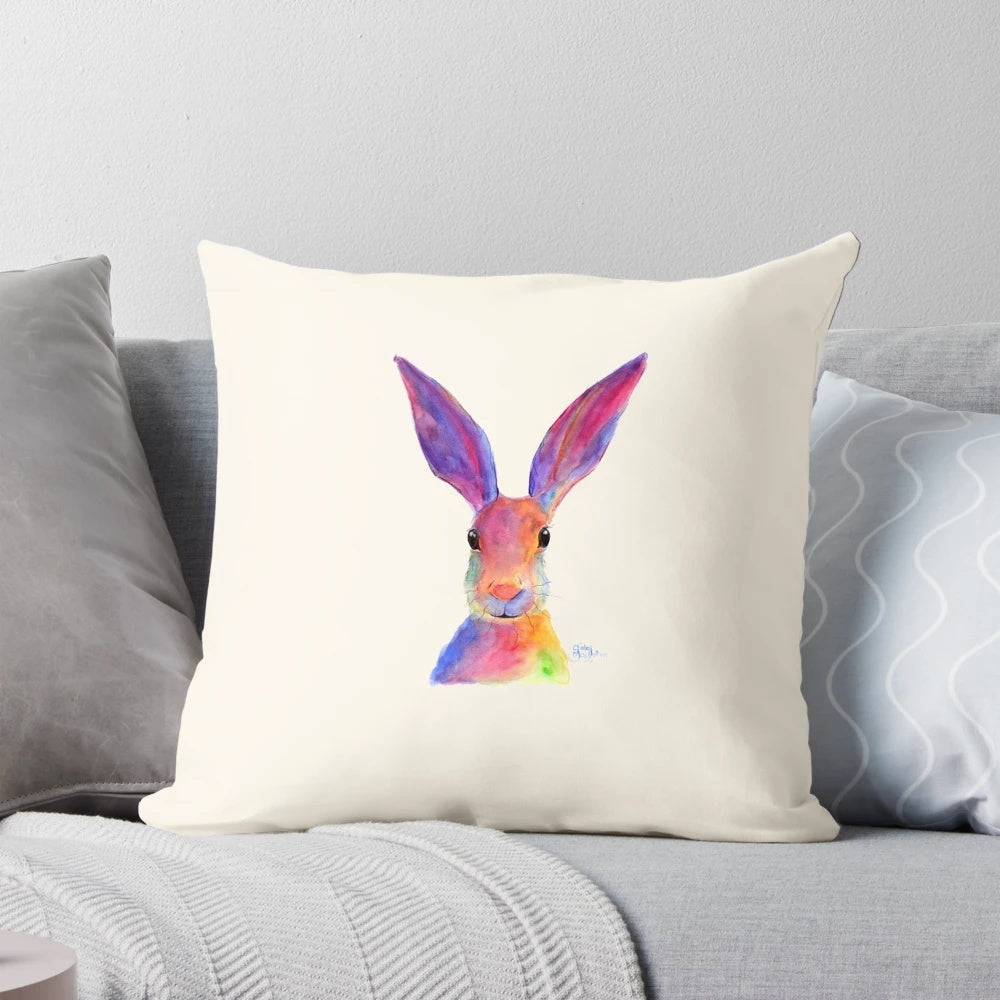 Hare Rabbit 'Jelly Bean' Decorative Throw Pillow featuring a watercolor animal design