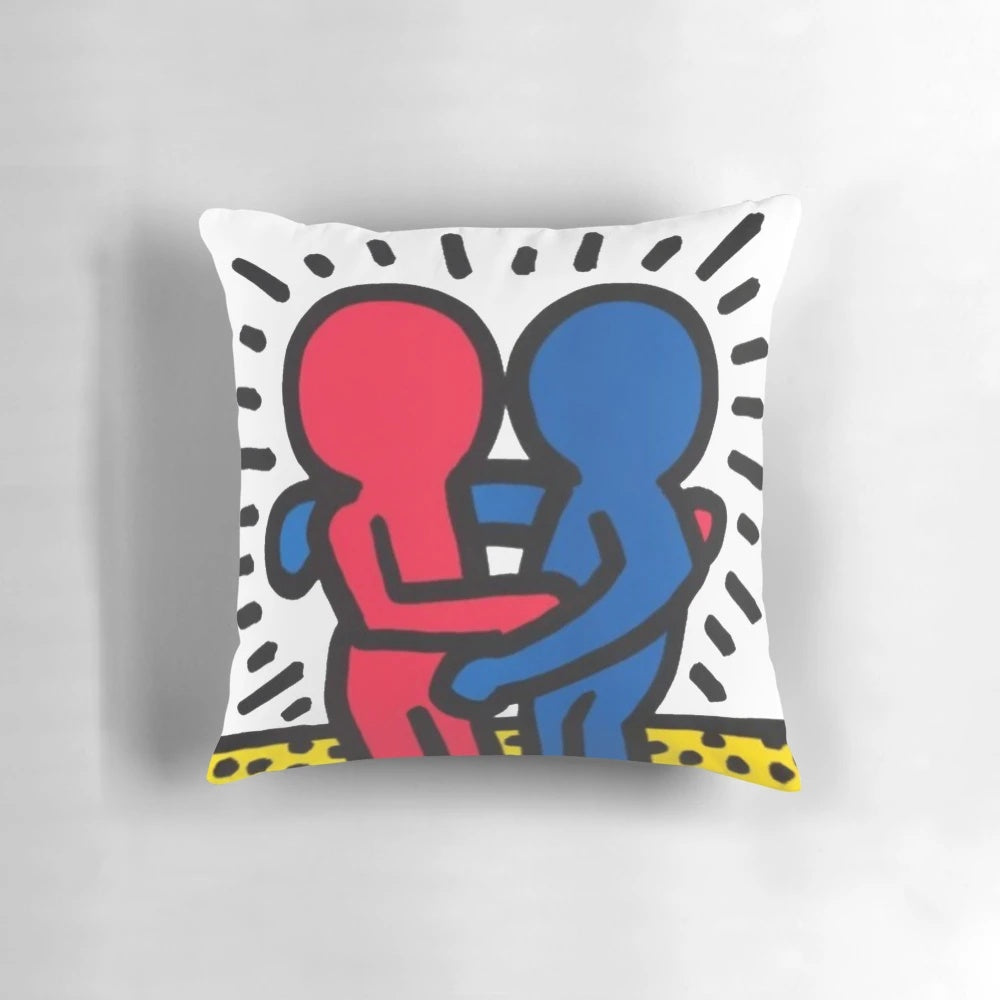 Vibrant Haring-inspired pop art pillow with bold, cartoonish design