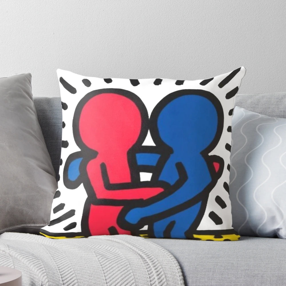 Vibrant Haring-inspired pop art pillow with bold, cartoonish design