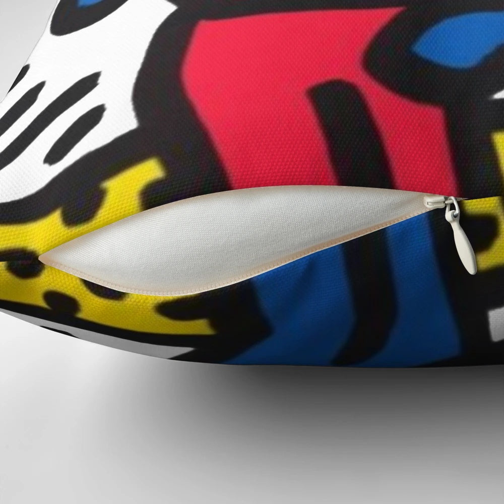 Vibrant Haring-inspired pop art pillow with bold, cartoonish design