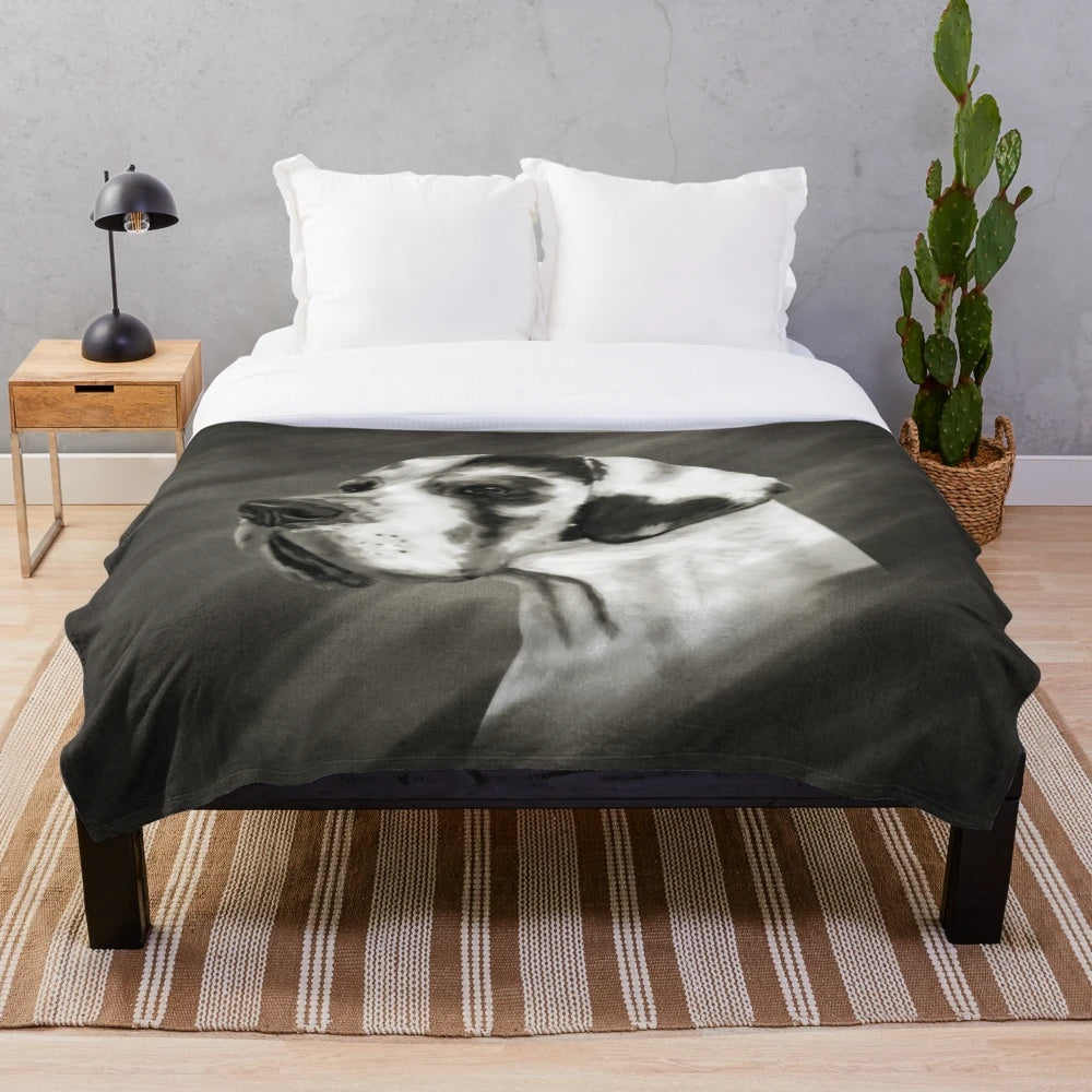 Harlequin Great Dane portrait plush blanket featuring a giant dog breed