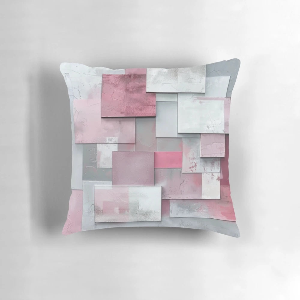 Soft, modern pillow in a harmonious geometric pattern featuring shades of gray and pink.