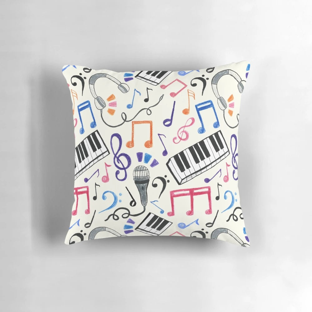 Decorative throw pillow featuring a design of music notes and symbols in a black and white color scheme.