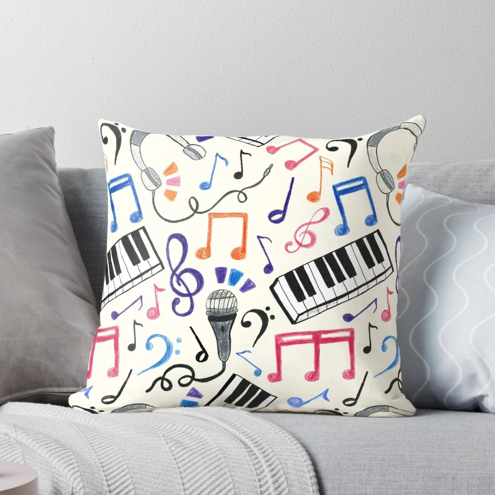 Decorative throw pillow featuring a design of music notes and symbols in a black and white color scheme.