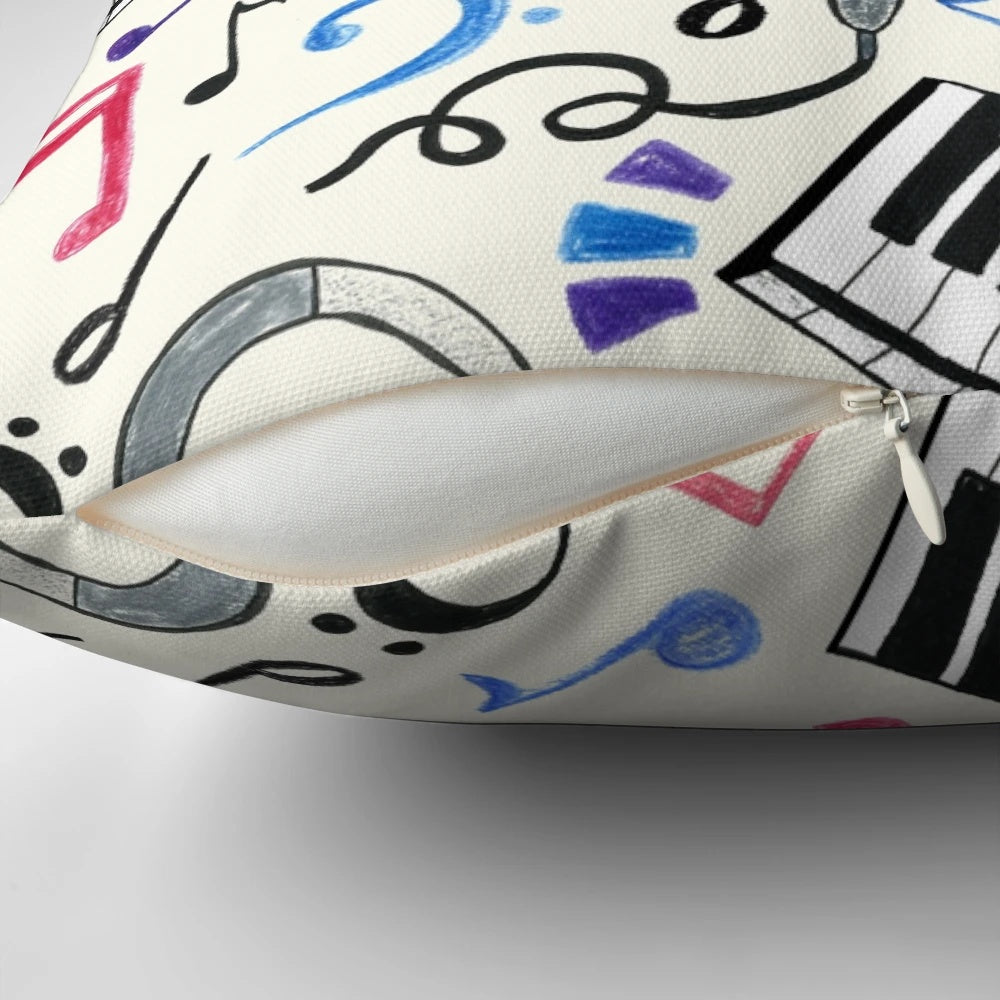 Decorative throw pillow featuring a design of music notes and symbols in a black and white color scheme.