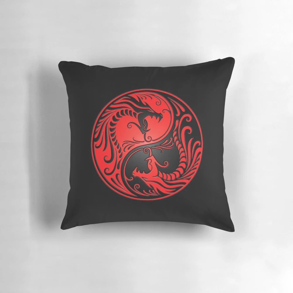 Yin Yang Dragon Pillow in Red and Black for Serene Bedroom Decor