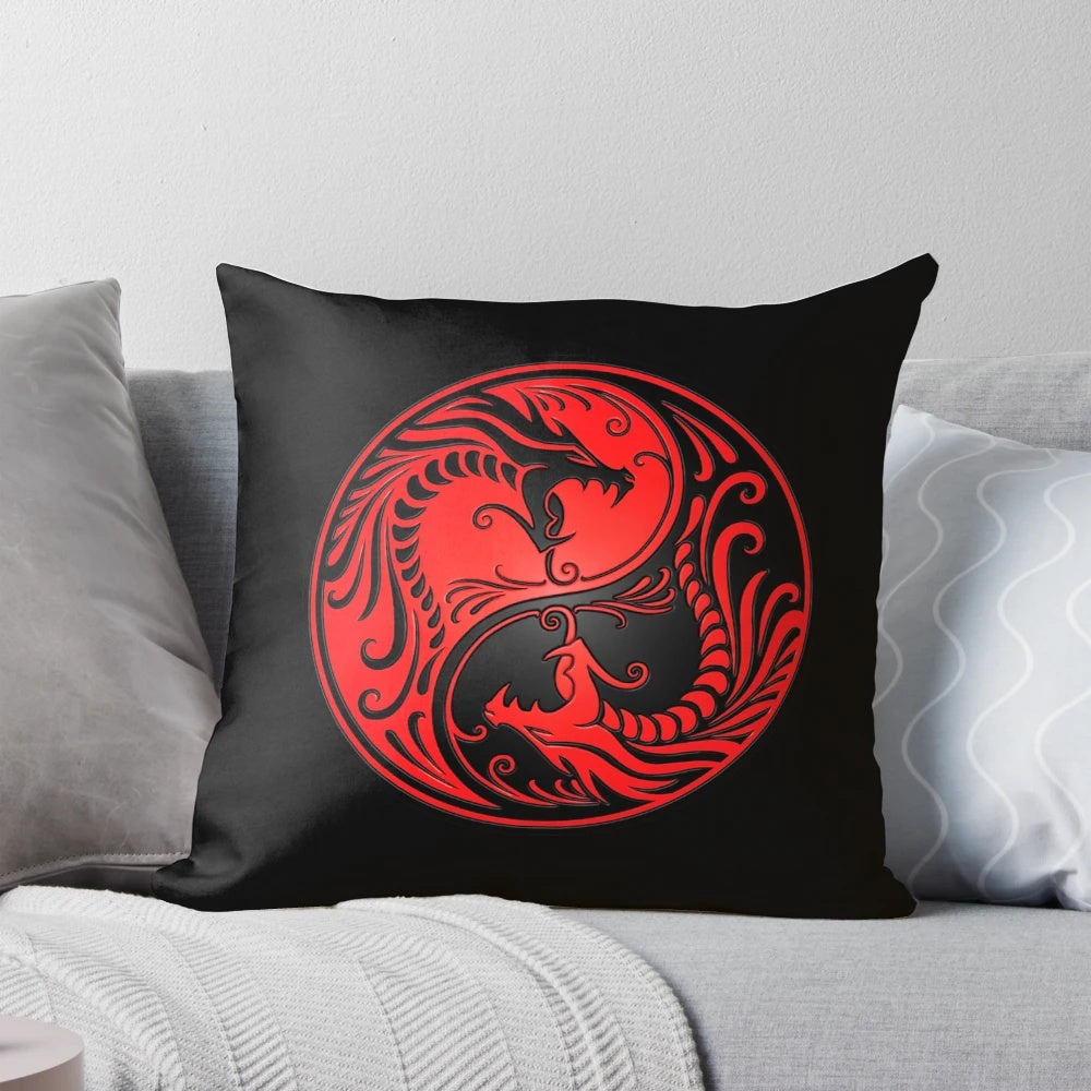 Yin Yang Dragon Pillow in Red and Black for Serene Bedroom Decor