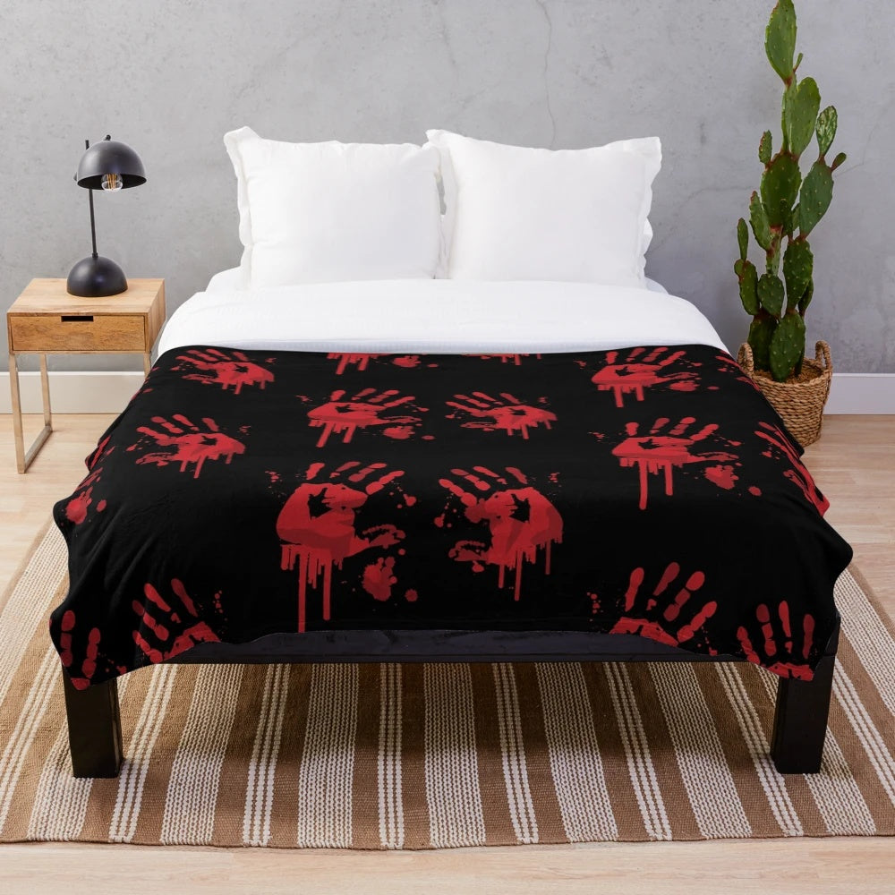 Bloody handprints plush blanket with a scary, horror-inspired design