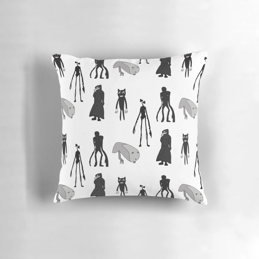 Pillow featuring chilling creatures like Siren Head, Bridge Worm, and Cartoon Cat from the world of urban legends and supernatural horrors.