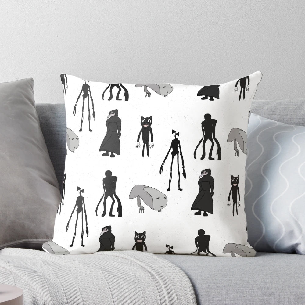 Pillow featuring chilling creatures like Siren Head, Bridge Worm, and Cartoon Cat from the world of urban legends and supernatural horrors.