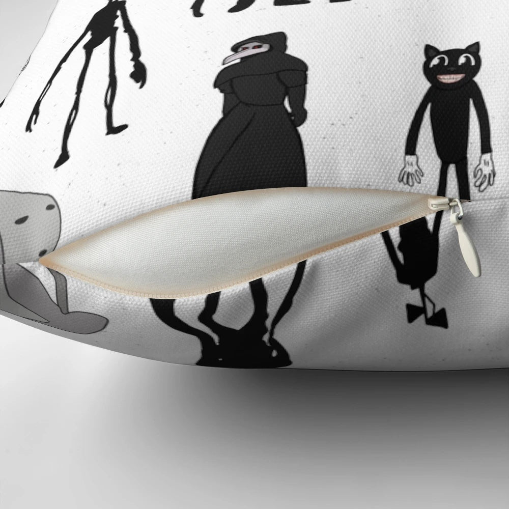 Pillow featuring chilling creatures like Siren Head, Bridge Worm, and Cartoon Cat from the world of urban legends and supernatural horrors.