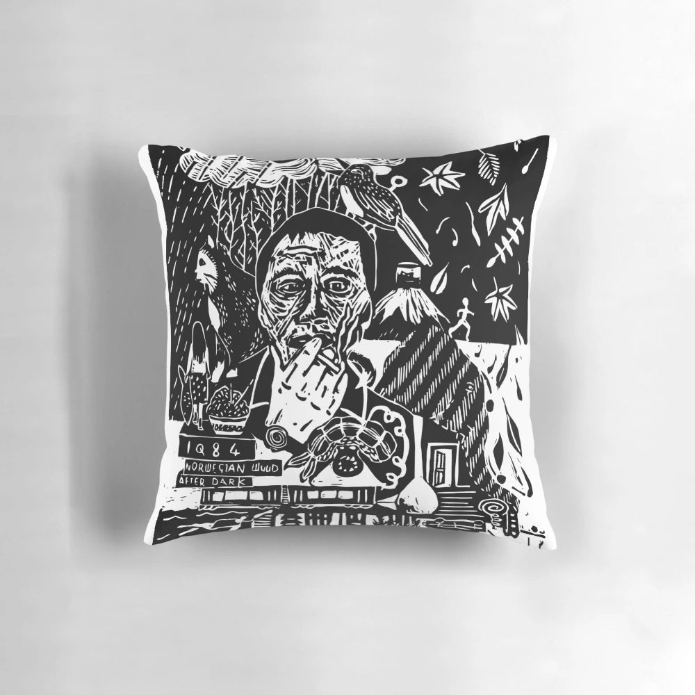 Haruki Murakami's Iconic Linocut Book Cover Printed on a Soft, Cozy Pillow