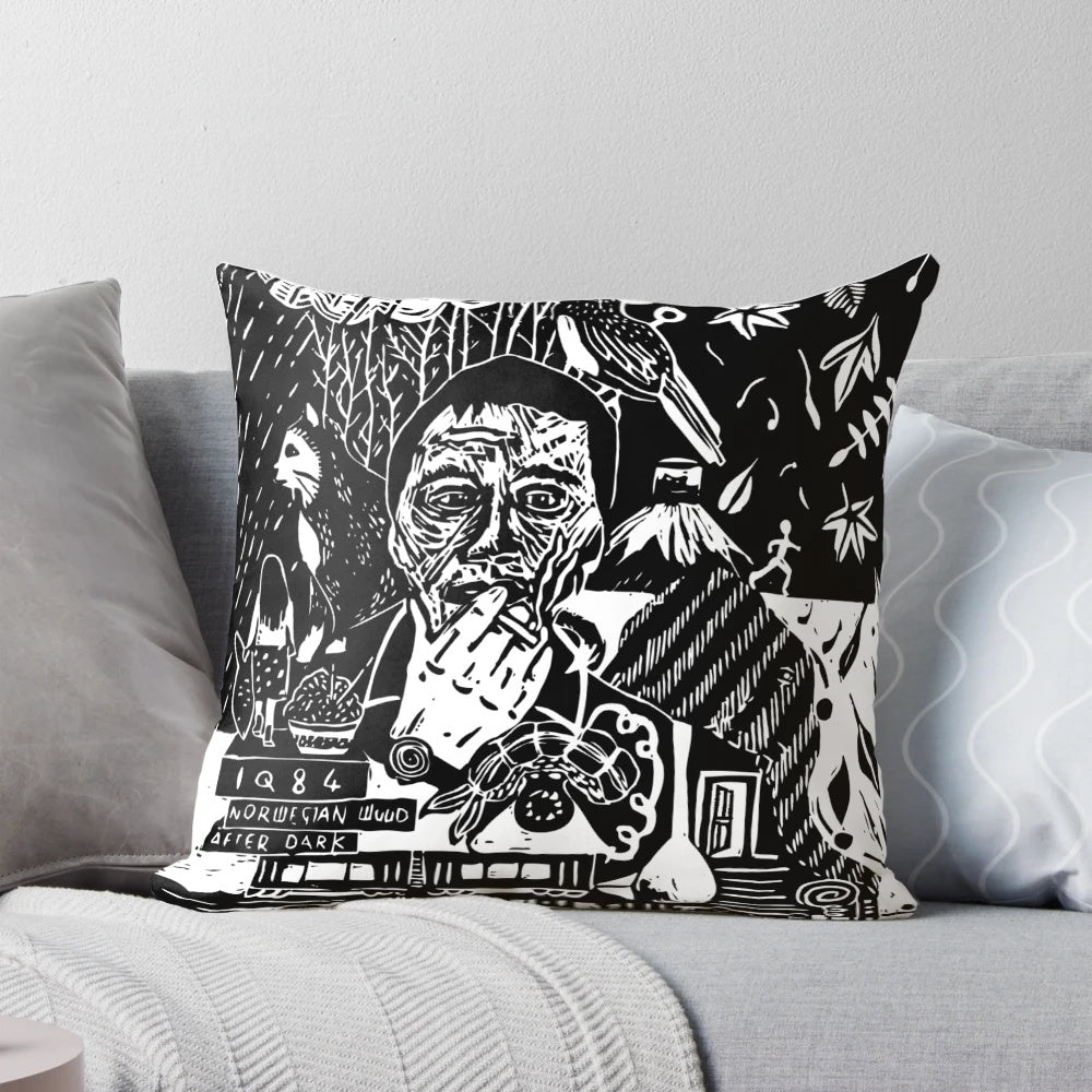 Haruki Murakami's Iconic Linocut Book Cover Printed on a Soft, Cozy Pillow