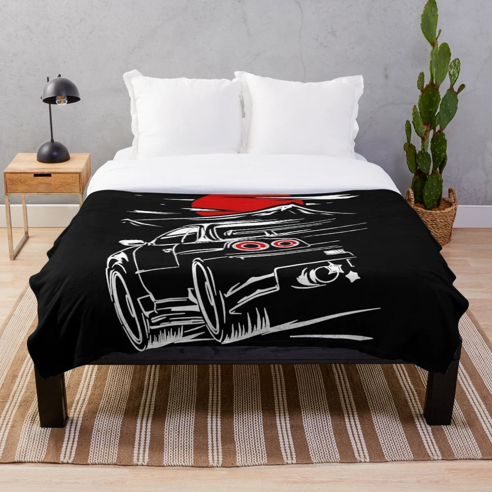 Nissan Skyline R34 GTR inspired plush blanket featuring Haruna anime character
