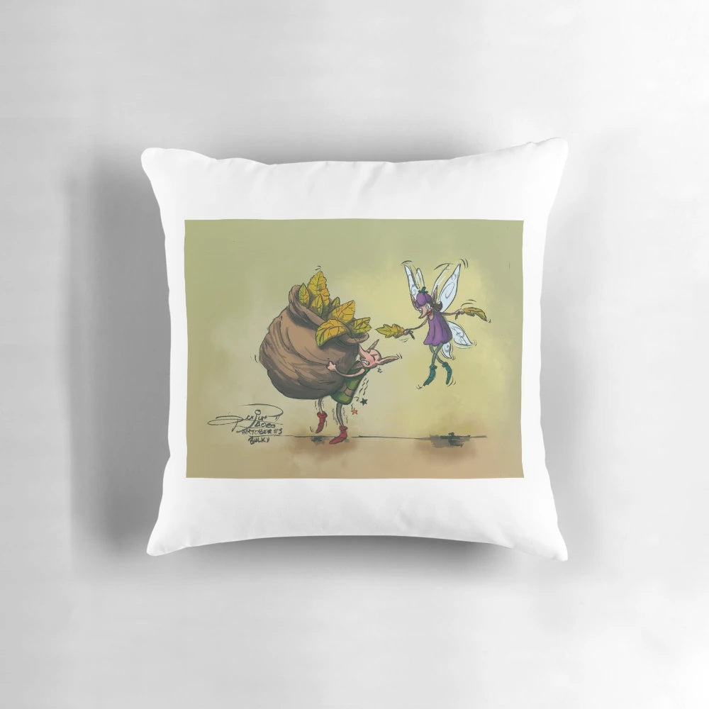 A cozy throw pillow featuring a design of fallen autumn leaves, perfect for seasonal home decor.