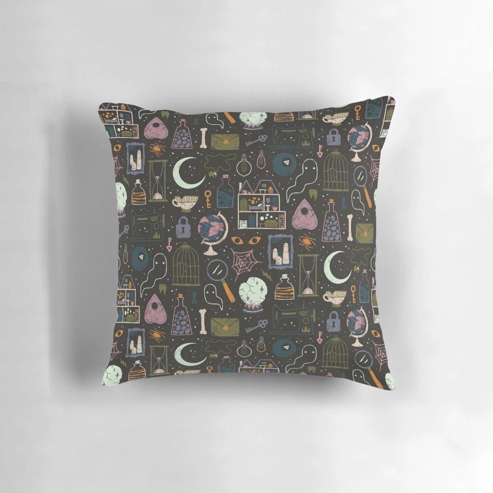 Haunted Attic Pillow with Creepy Witchy Patterns for Spooky Halloween Decor
