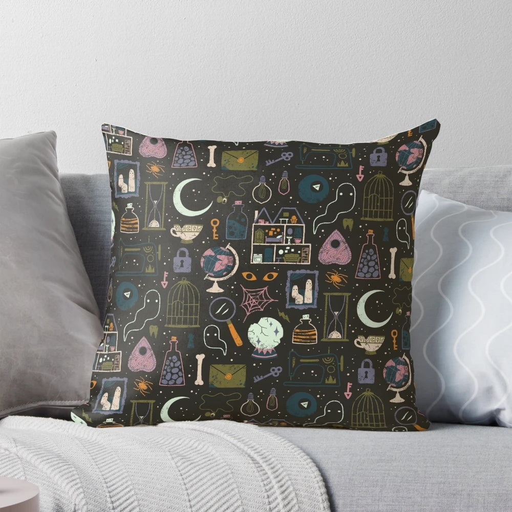 Haunted Attic Pillow with Creepy Witchy Patterns for Spooky Halloween Decor