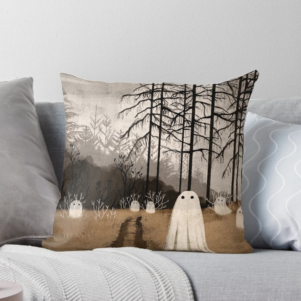 Hauntingly beautiful autumn forest landscape printed on a soft, plush pillow
