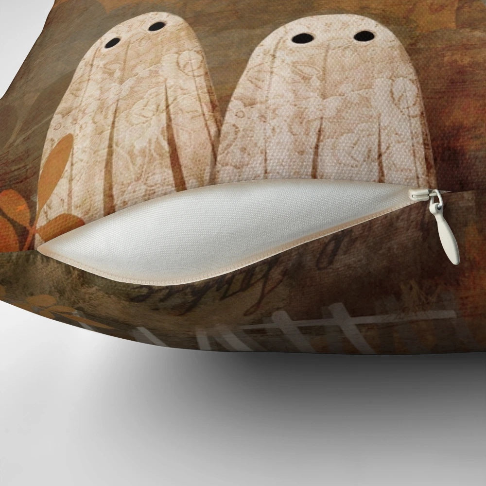 Vintage-inspired pillow featuring a haunted bridge in an autumn landscape