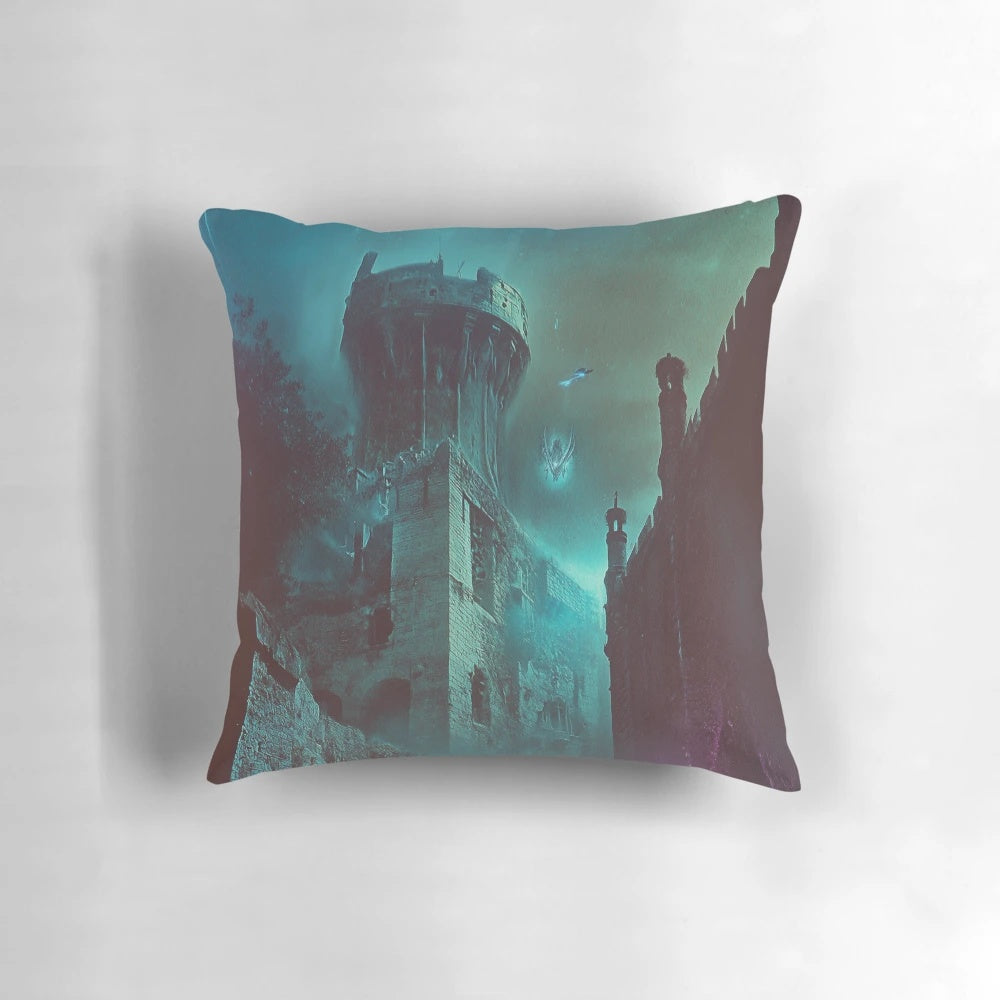 Haunted castle pillow featuring a shadowy, ethereal landscape with a spectral watchtower and mystical flame