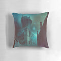 Haunted castle pillow featuring a shadowy, ethereal landscape with a spectral watchtower and mystical flame