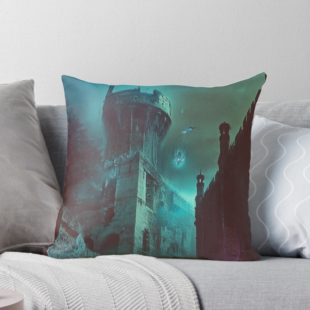 Haunted castle pillow featuring a shadowy, ethereal landscape with a spectral watchtower and mystical flame