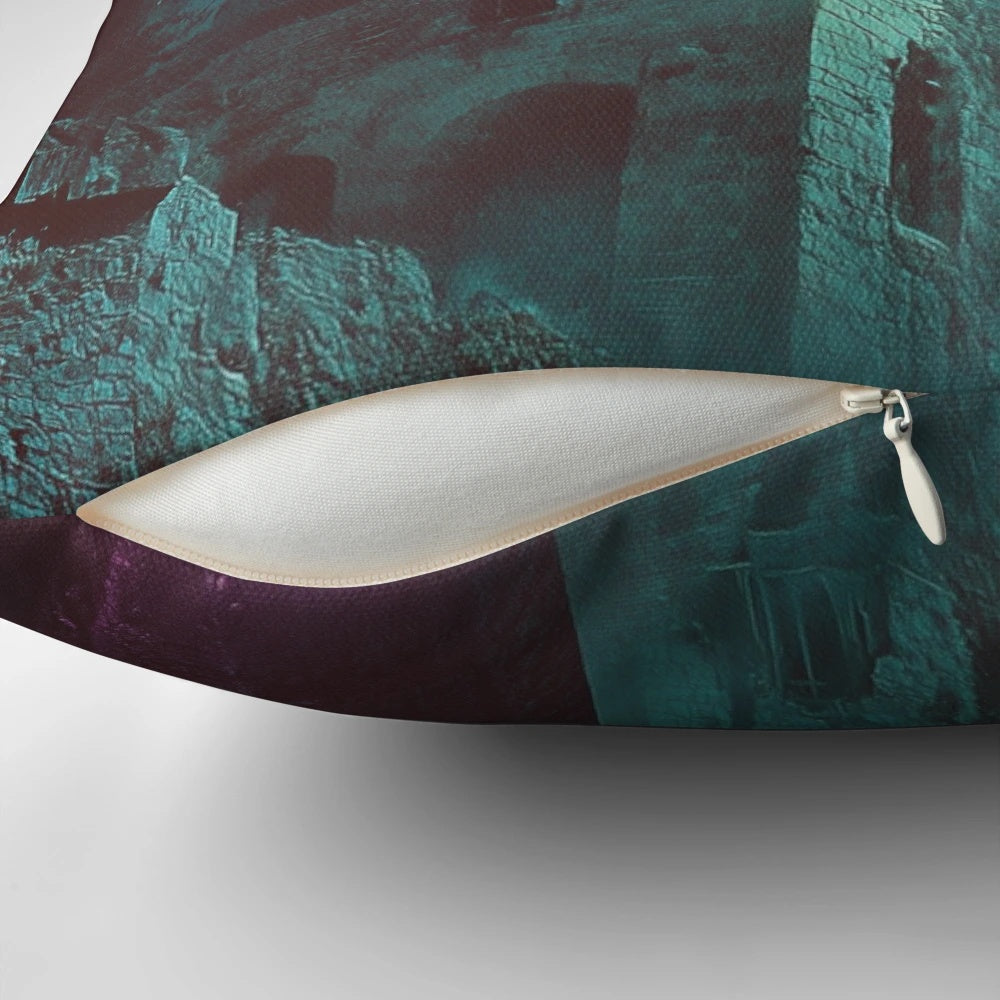 Haunted castle pillow featuring a shadowy, ethereal landscape with a spectral watchtower and mystical flame