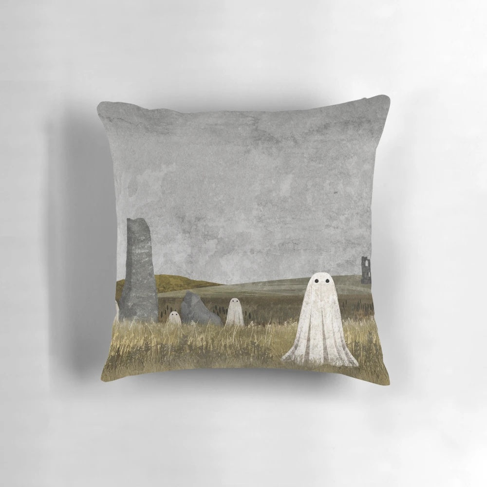 Haunted castle ruins decorative throw pillow with grey stones and ghostly landscape
