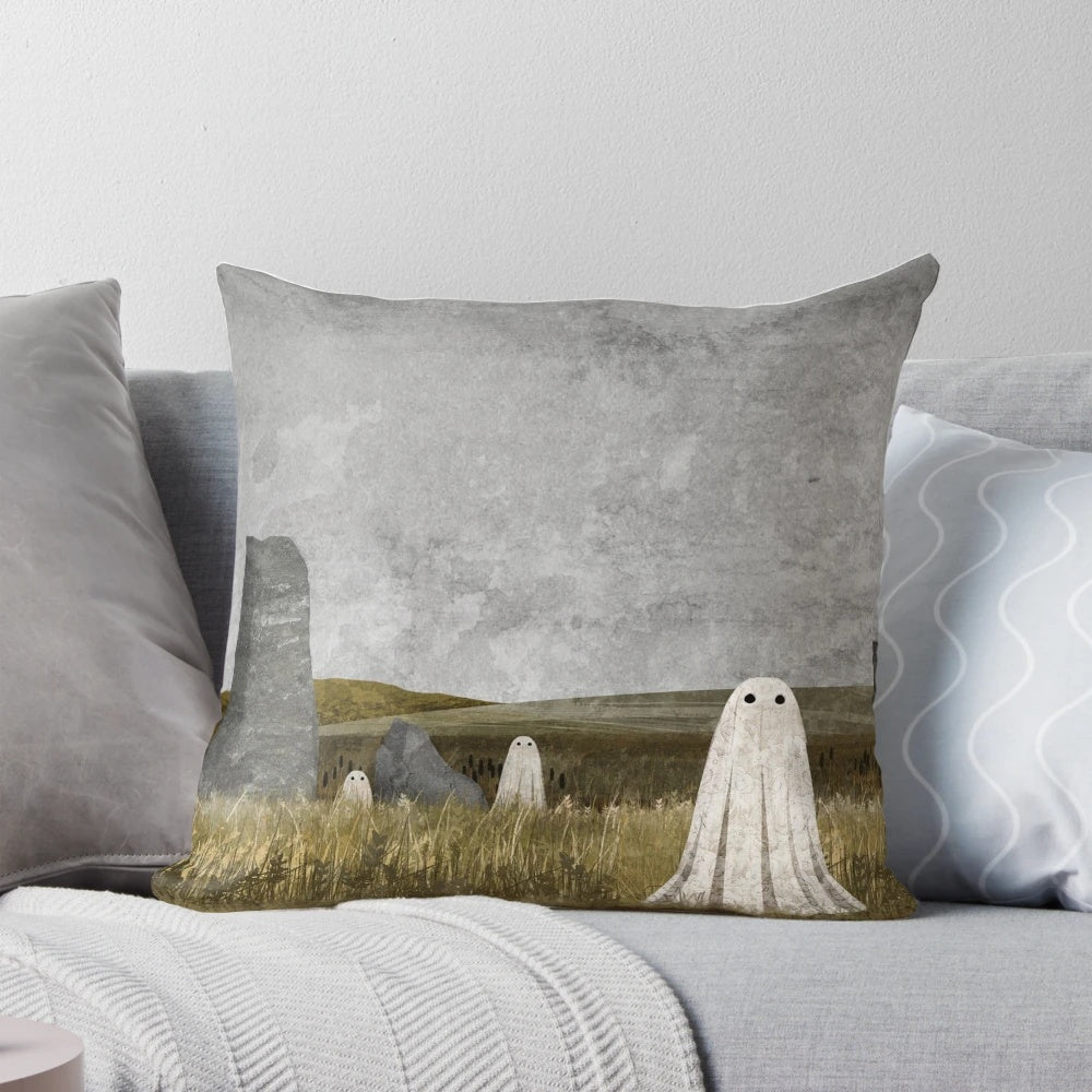 Haunted castle ruins decorative throw pillow with grey stones and ghostly landscape