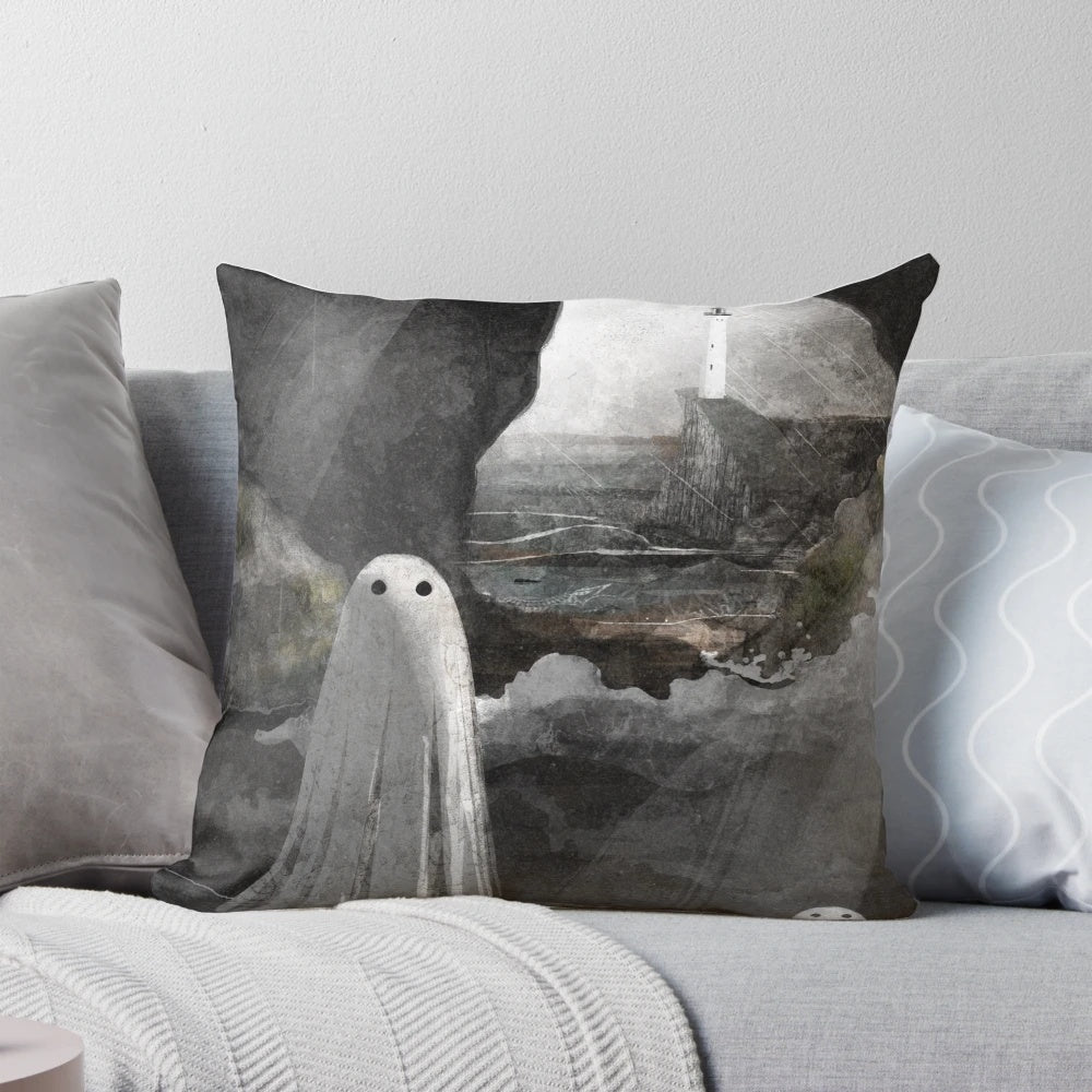 Haunted cave pillow with ghostly imagery and atmospheric ocean scenery