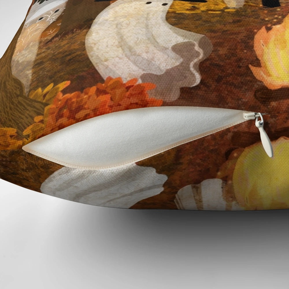 Haunted forest pillow with autumn leaves and campfire imagery