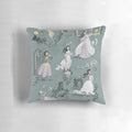 A haunting image of girls running from a ghostly house, printed on a decorative pillow.