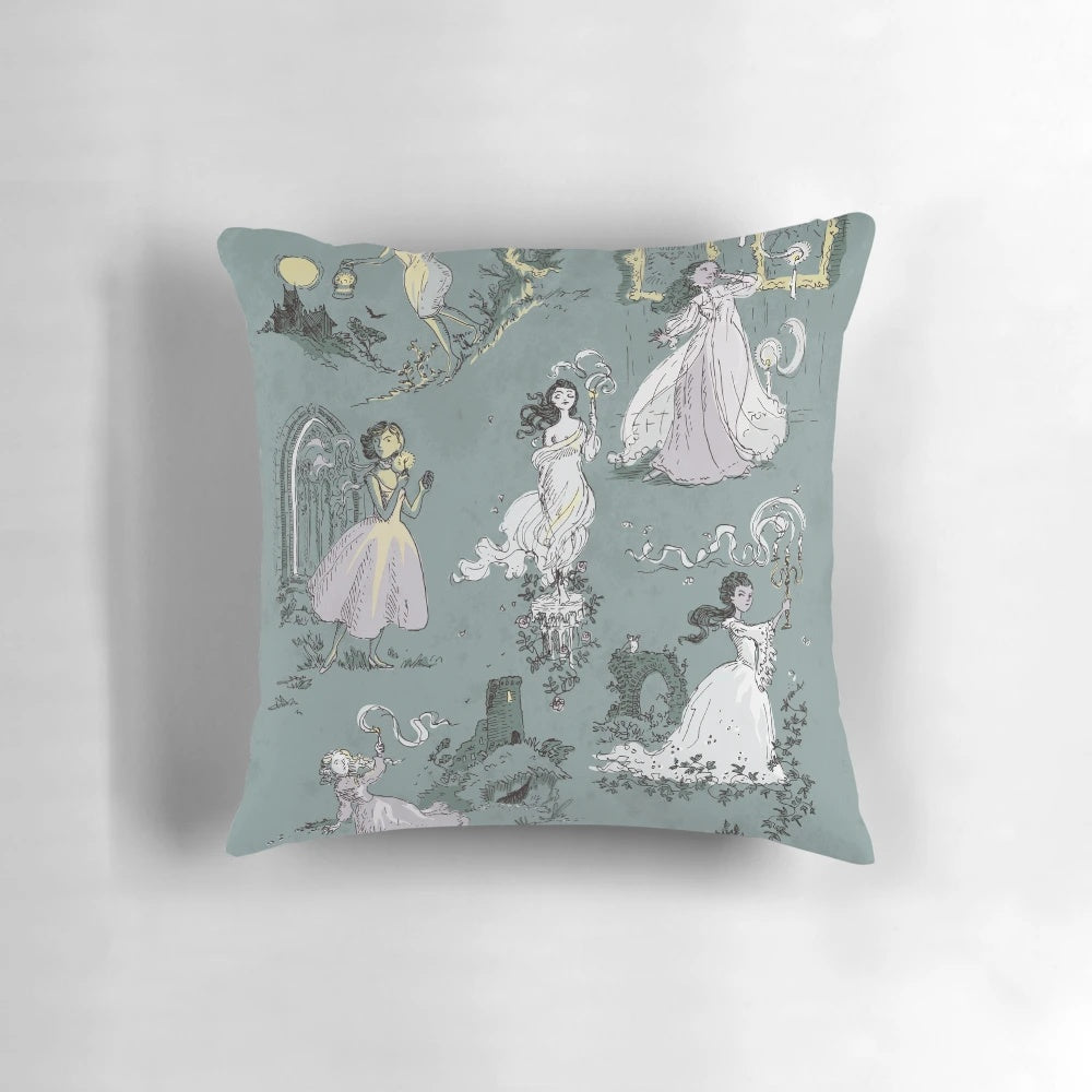 A haunting image of girls running from a ghostly house, printed on a decorative pillow.