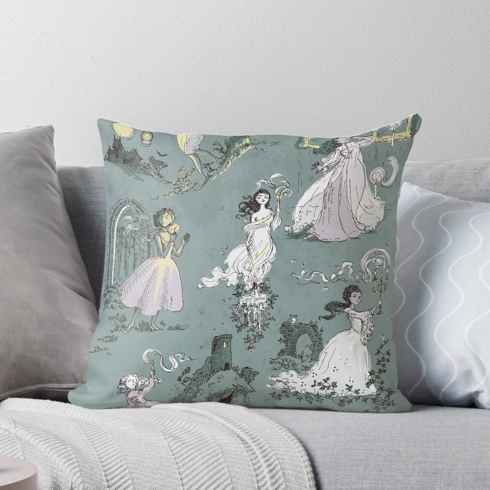 A haunting image of girls running from a ghostly house, printed on a decorative pillow.