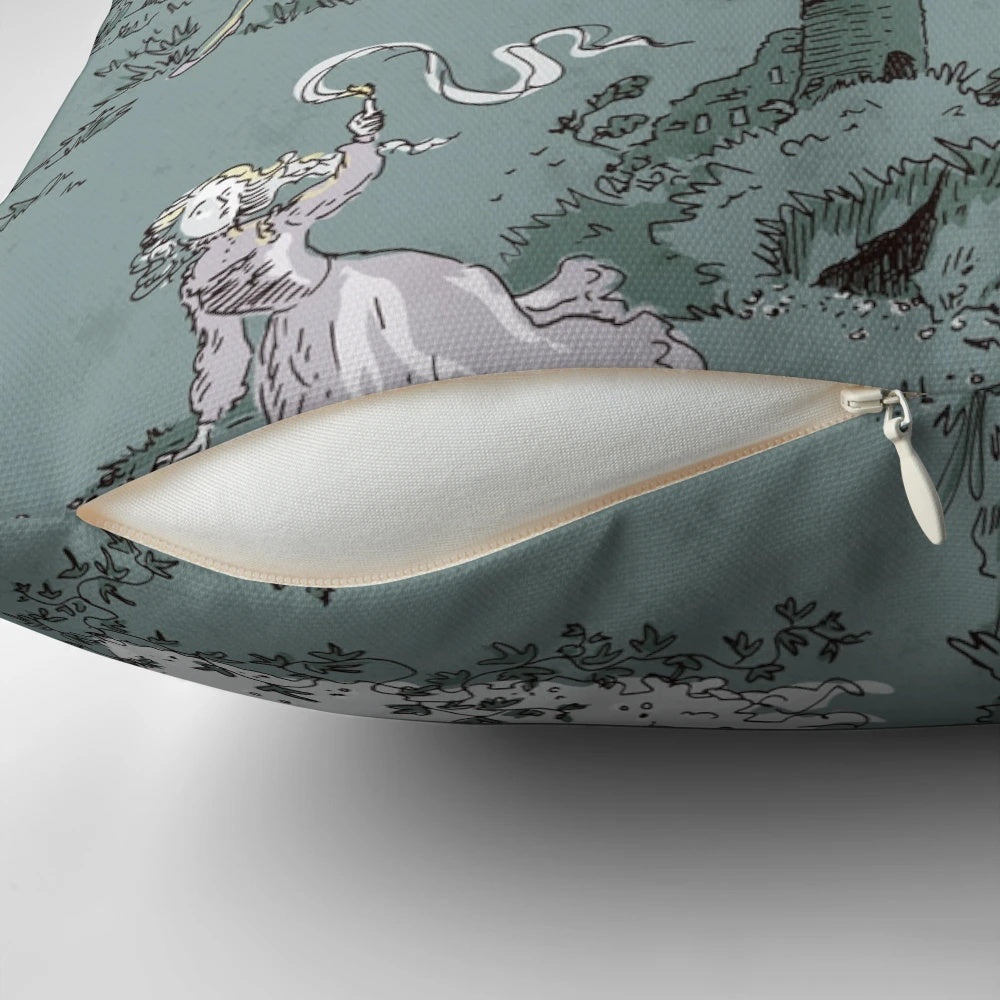 A haunting image of girls running from a ghostly house, printed on a decorative pillow.