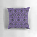 Haunted house-themed pillow with a dark purple damask pattern, perfect for gothic or Disney-inspired home decor.