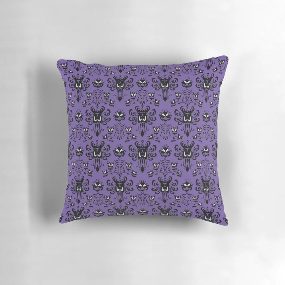 Haunted house-themed pillow with a dark purple damask pattern, perfect for gothic or Disney-inspired home decor.