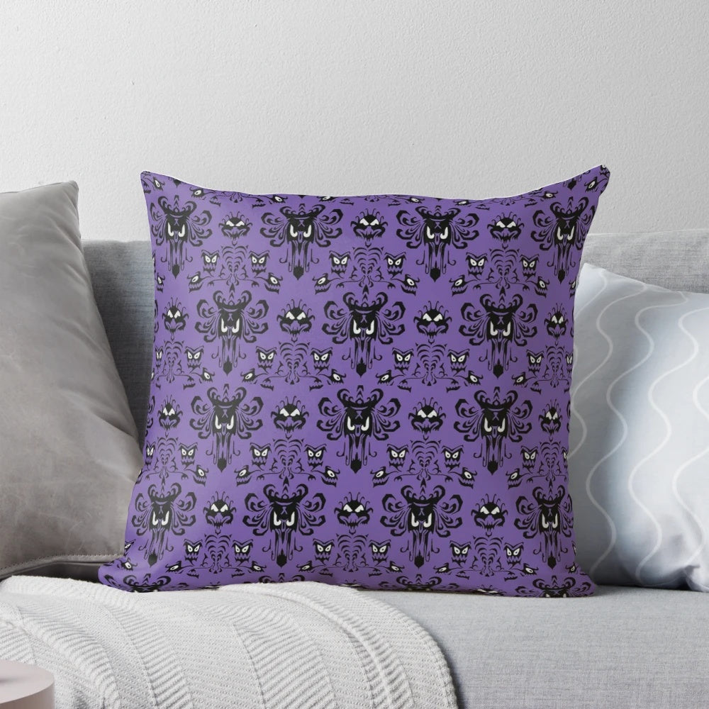 Haunted house-themed pillow with a dark purple damask pattern, perfect for gothic or Disney-inspired home decor.