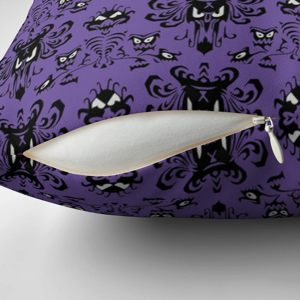Haunted house-themed pillow with a dark purple damask pattern, perfect for gothic or Disney-inspired home decor.