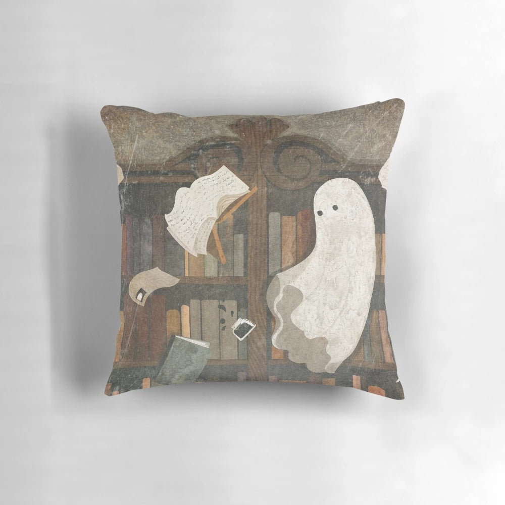 Haunted library pillow with ghost and books